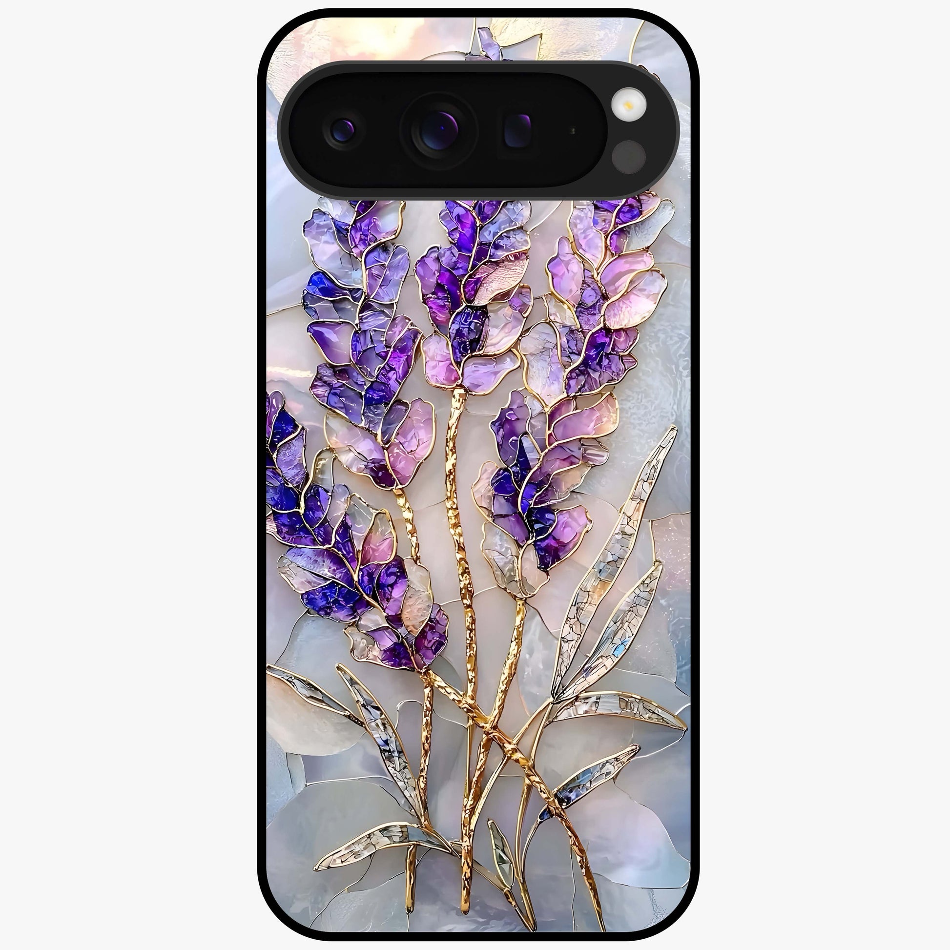 Lavender Dream Glow Glass Case showing flat back view with glowing lavender aesthetic artwork and glossy glass finish.