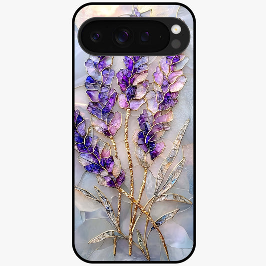 Lavender Dream Glow Glass Case showing flat back view with glowing lavender aesthetic artwork and glossy glass finish.