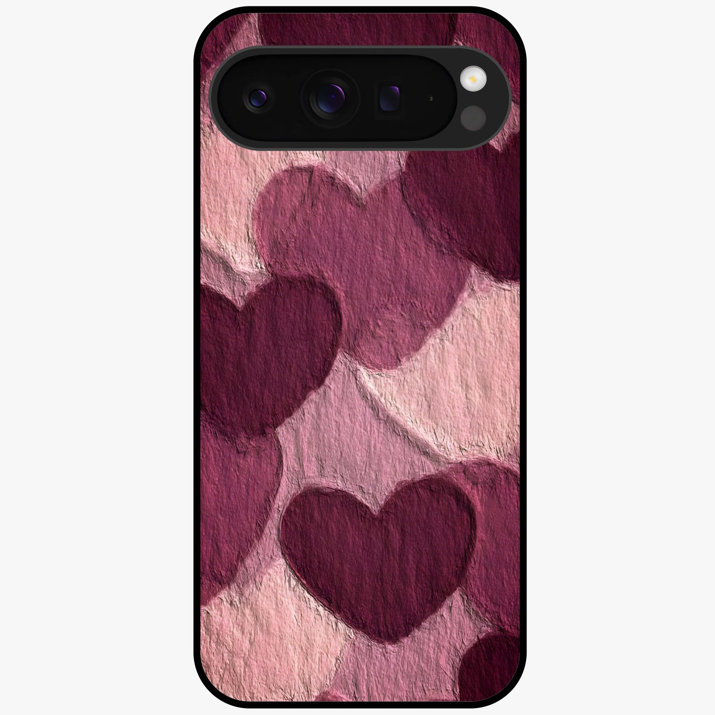 Layered Paper Hearts Glass Case showing flat back view with layered paper heart artwork and glossy glass finish.