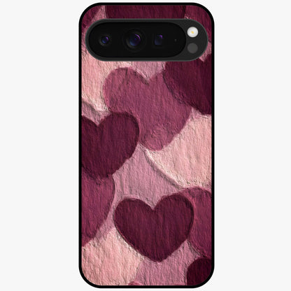 Layered Paper Hearts Glass Case showing flat back view with layered paper heart artwork and glossy glass finish.