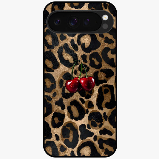 Leopard Wild Cherry Glass Case showing flat back view with leopard pattern and cherry artwork and glossy glass finish.