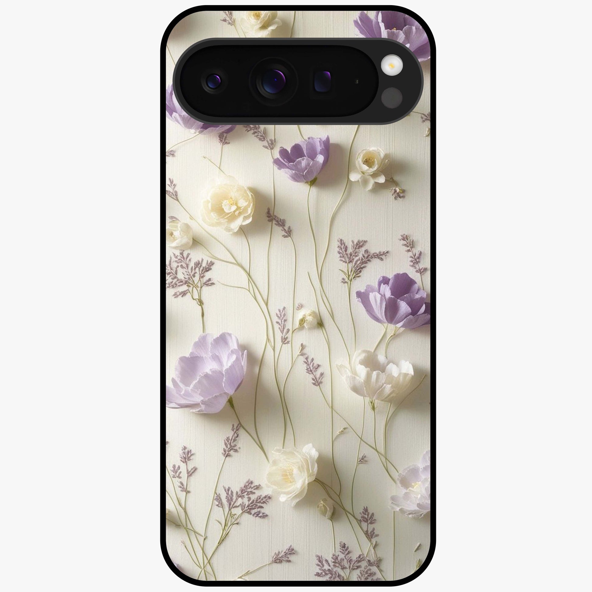 Lilac Breeze Harmony Glass Case showing flat back view with soft lilac themed artwork and glossy glass finish.