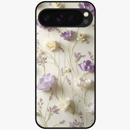Lilac Breeze Harmony Glass Case showing flat back view with soft lilac themed artwork and glossy glass finish.