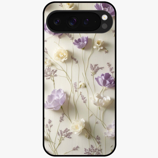 Lilac Breeze Harmony Glass Case showing flat back view with soft lilac themed artwork and glossy glass finish.