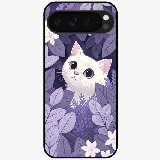 Lilac Hide Peek Cat Glass Case showing flat back view with cute peeking cat artwork and glossy glass finish.