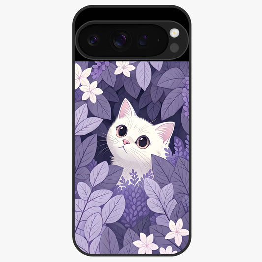 Lilac Hide Peek Cat Glass Case showing flat back view with cute peeking cat artwork and glossy glass finish.