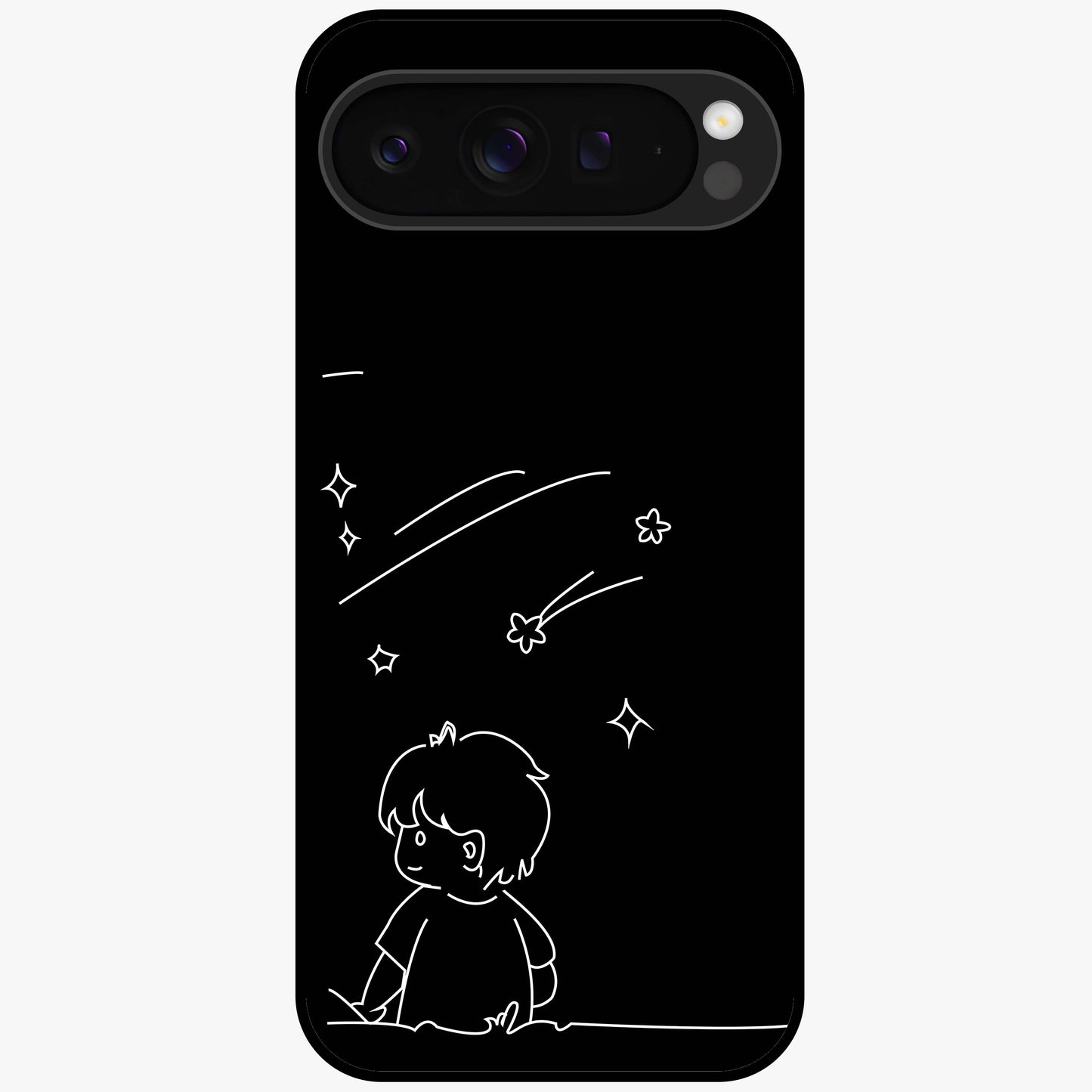 Line Art Boy With Shooting Stars Glass Case showing flat back view with minimal line art boy and shooting stars illustration and glossy glass finish.