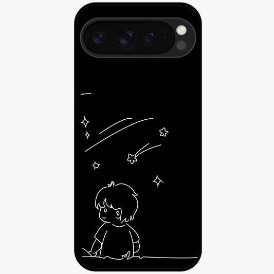 Line Art Boy With Shooting Stars Glass Case showing flat back view with minimal line art boy and shooting stars illustration and glossy glass finish.