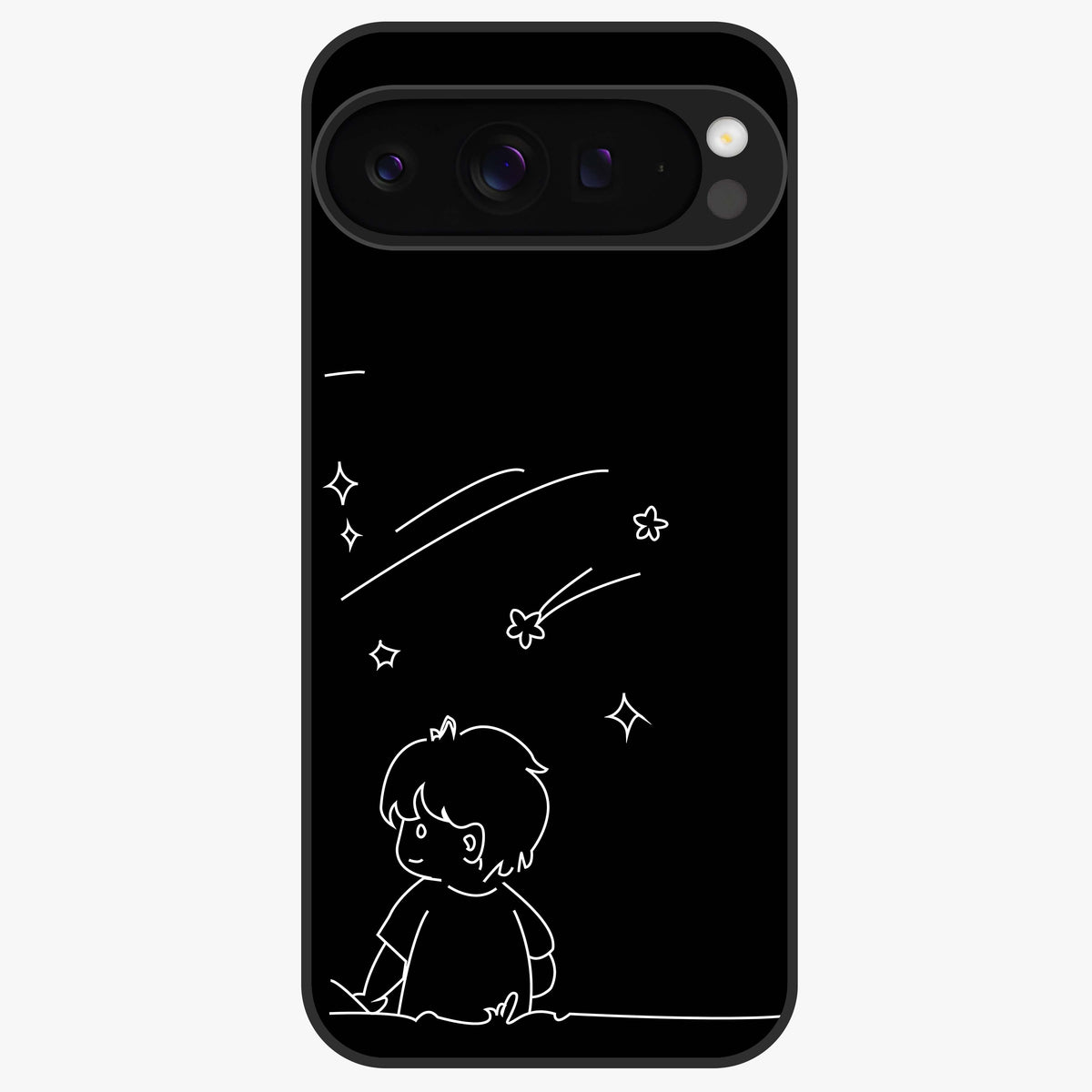 Line Art Boy With Shooting Stars Glass Case showing flat back view with minimal line art boy and shooting stars illustration and glossy glass finish.