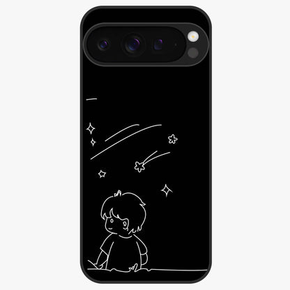 Line Art Boy With Shooting Stars Glass Case showing flat back view with minimal line art boy and shooting stars illustration and glossy glass finish.