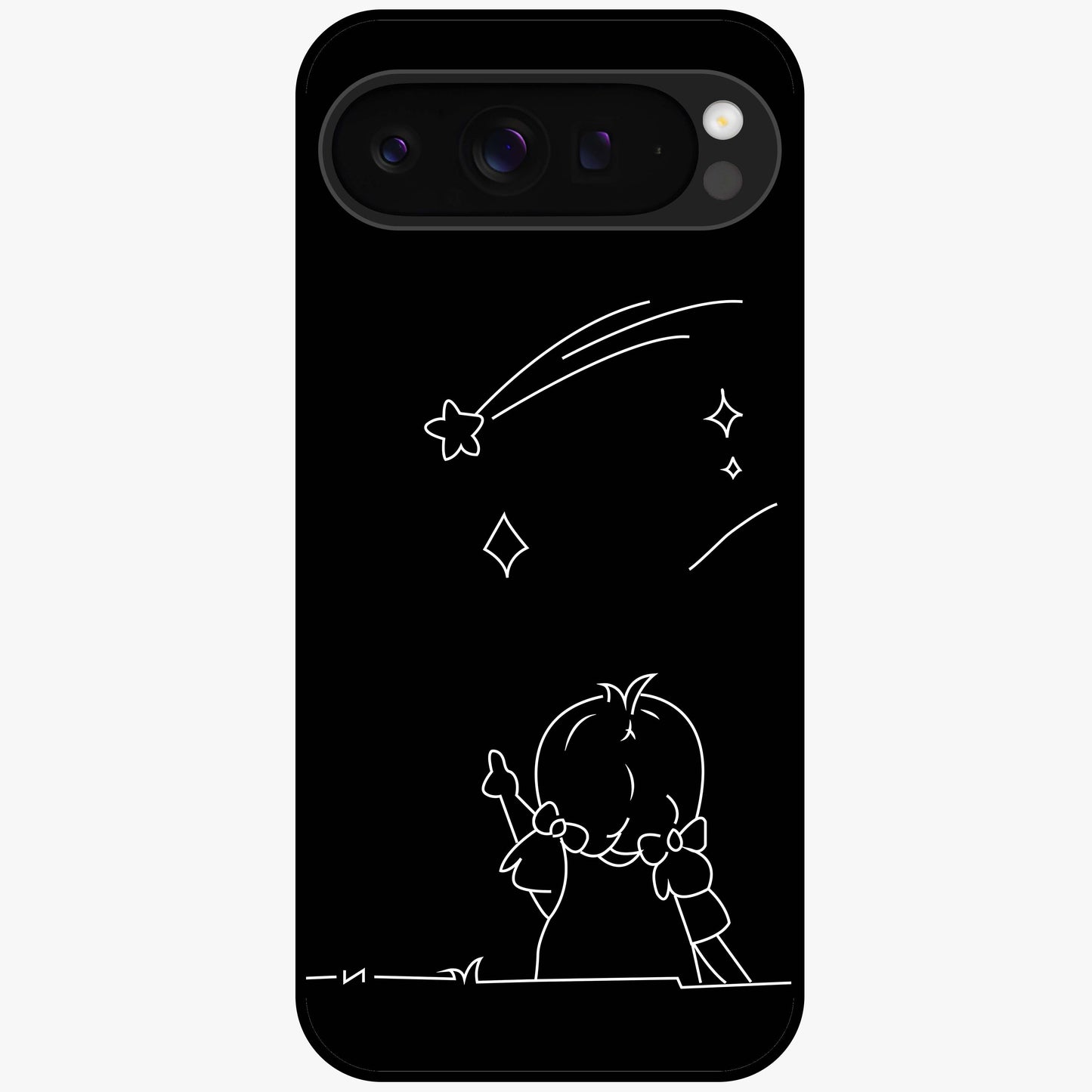 Line Art Girl With Shooting Stars Glass Case showing flat back view with minimal line art girl and shooting stars illustration and glossy glass finish.