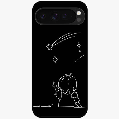 Line Art Girl With Shooting Stars Glass Case showing flat back view with minimal line art girl and shooting stars illustration and glossy glass finish.