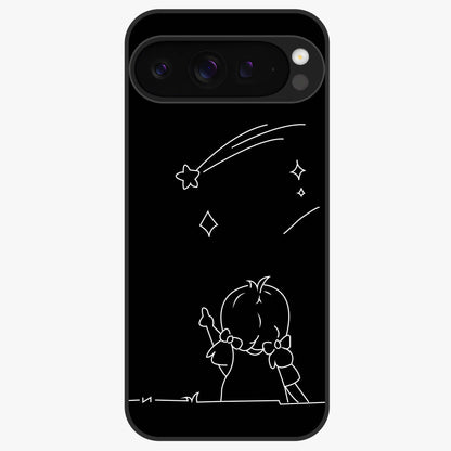 Line Art Girl With Shooting Stars Glass Case showing flat back view with minimal line art girl and shooting stars illustration and glossy glass finish.