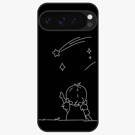 Line Art Girl With Shooting Stars Glass Case showing flat back view with minimal line art girl and shooting stars illustration and glossy glass finish.