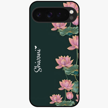 Lotus Bloom Serenity Custom Name Glass Case showing flat back view with elegant lotus flower artwork and personalized name design.