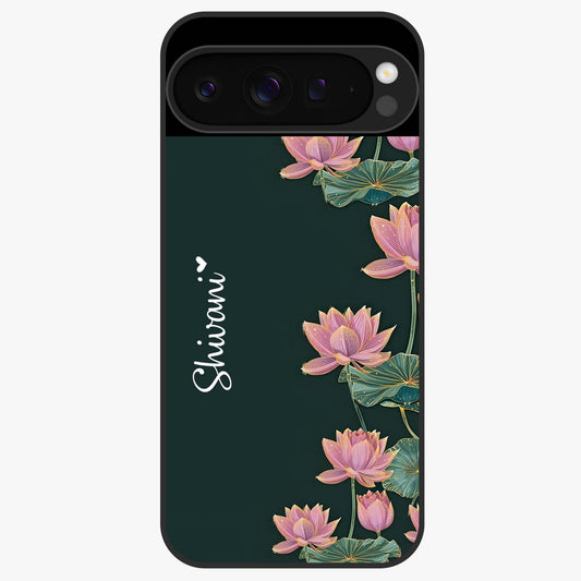 Lotus Bloom Serenity Custom Name Glass Case showing flat back view with elegant lotus flower artwork and personalized name design.