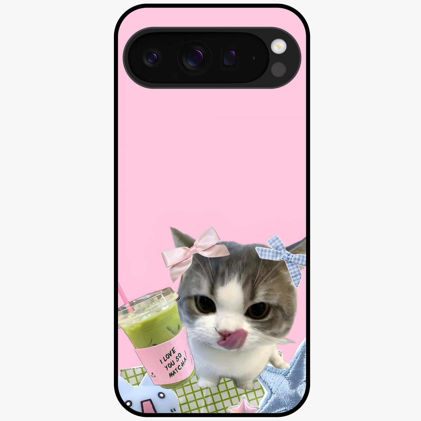 Love Matcha Cat Glass Case showing flat back view with cute cat and matcha themed artwork and glossy glass finish.