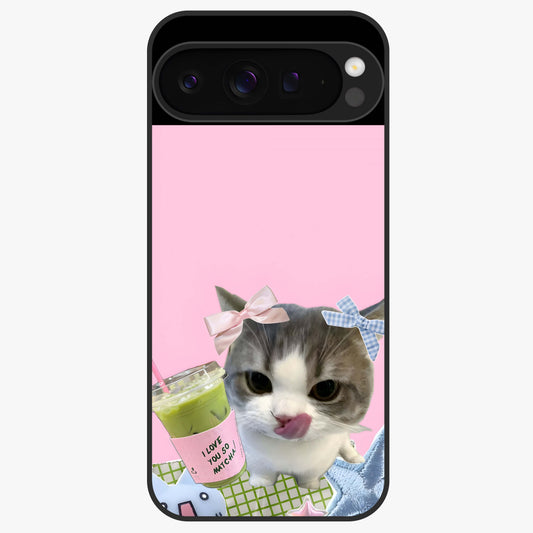 Love Matcha Cat Glass Case showing flat back view with cute cat and matcha themed artwork and glossy glass finish.