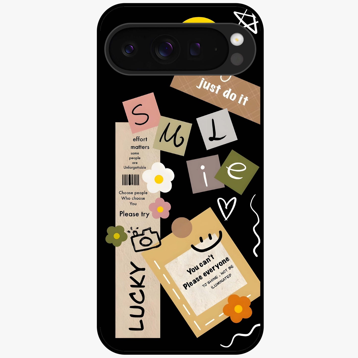 Lucky Aesthetic Collage Glass Case showing flat back view with trendy aesthetic collage artwork and glossy glass finish.