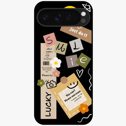 Lucky Aesthetic Collage Glass Case showing flat back view with trendy aesthetic collage artwork and glossy glass finish.