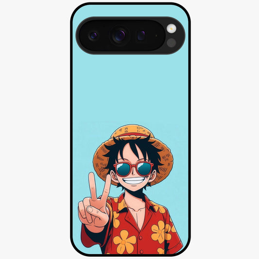 Luffy Summer Anime Vibe Glass Case showing flat back view with vibrant anime character artwork and glossy glass finish.