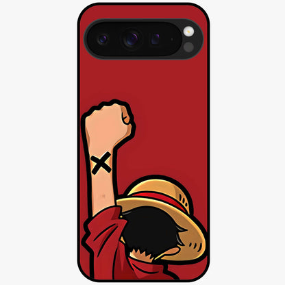 Luffy X Spirit Glass Case showing flat back view with bold anime character artwork and glossy glass finish.
