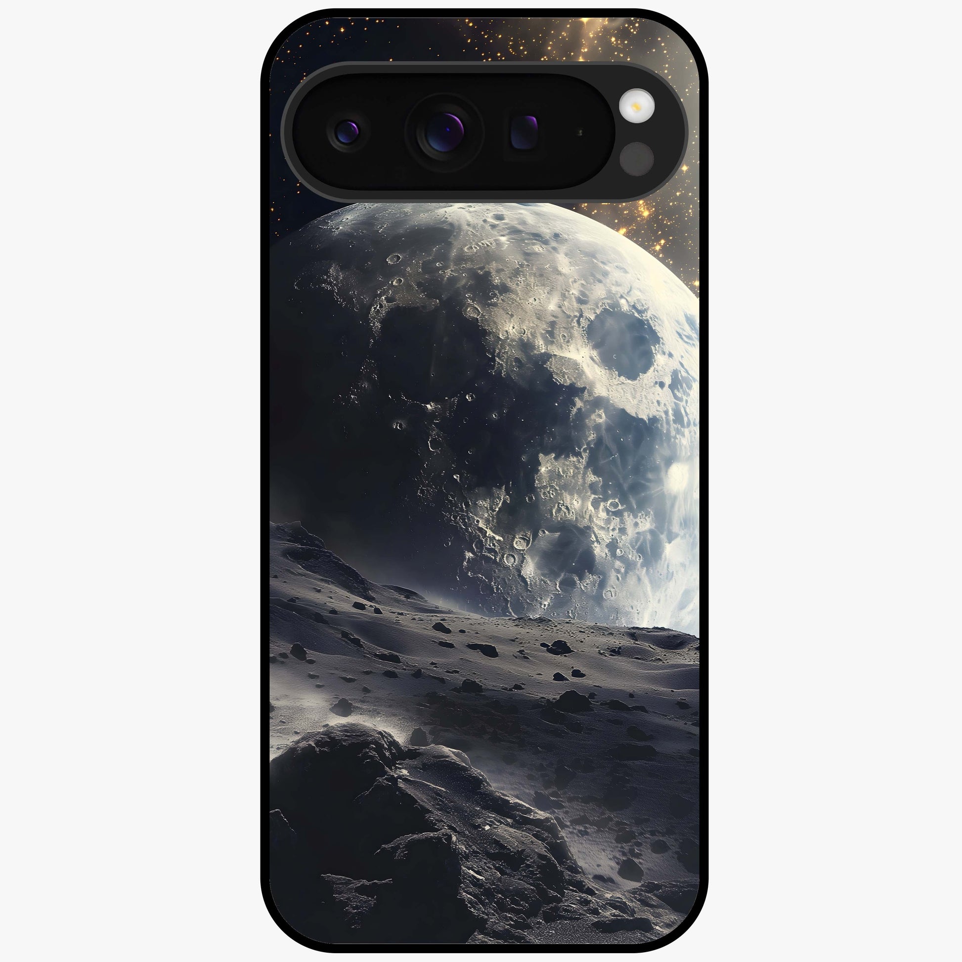 Lunar Horizon Glow Glass Case showing flat back view with glowing moon horizon artwork and glossy glass finish.