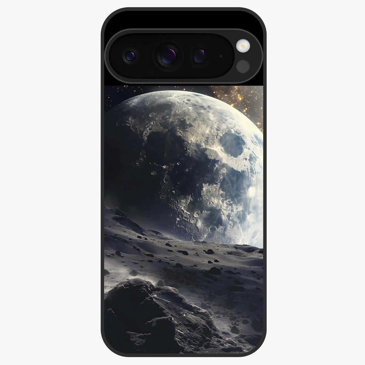 Lunar Horizon Glow Glass Case showing flat back view with glowing moon horizon artwork and glossy glass finish.