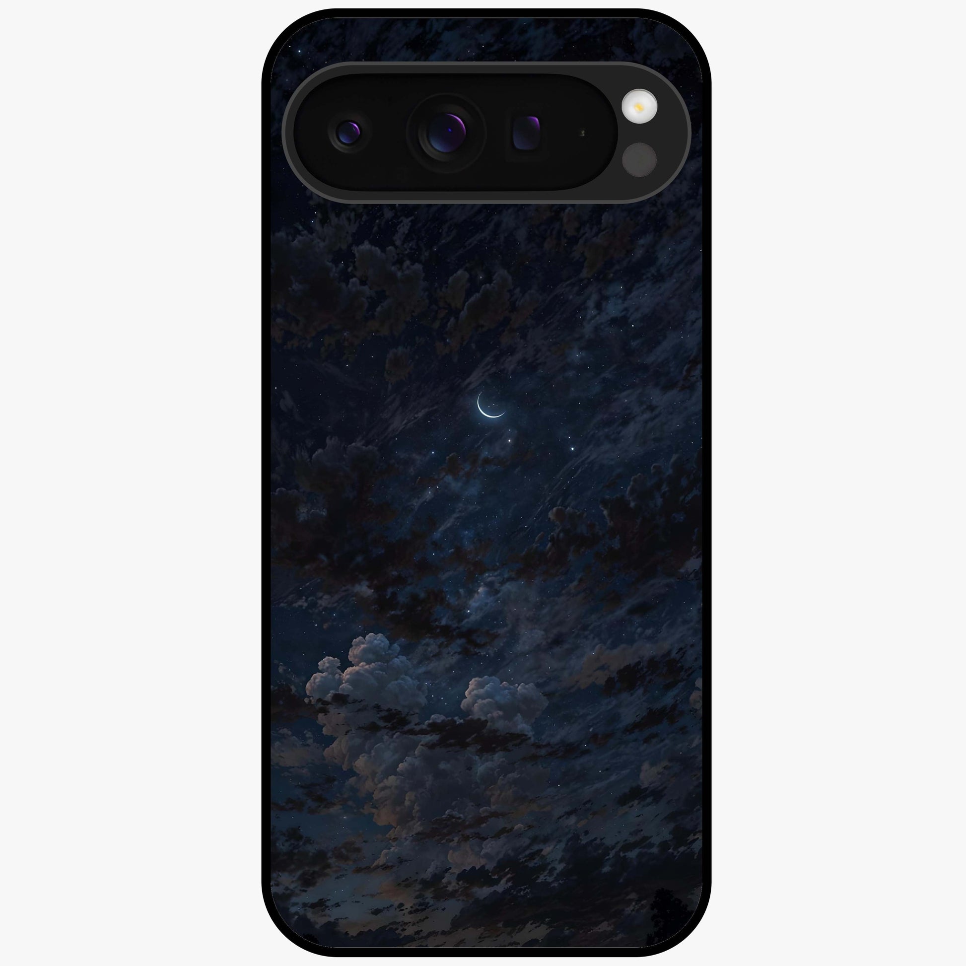Lunar Veil Silence Glass Case showing flat back view with mystical moon veil artwork and glossy glass finish.