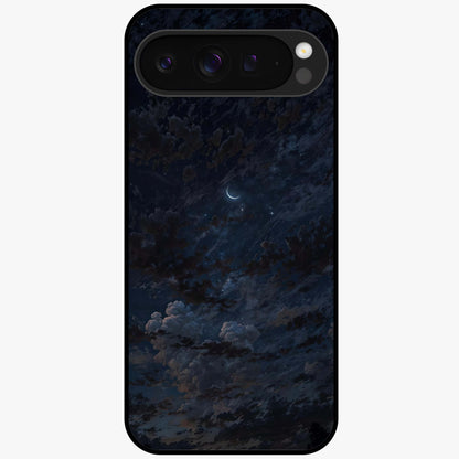 Lunar Veil Silence Glass Case showing flat back view with mystical moon veil artwork and glossy glass finish.