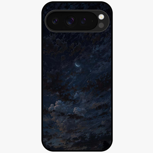Lunar Veil Silence Glass Case showing flat back view with mystical moon veil artwork and glossy glass finish.