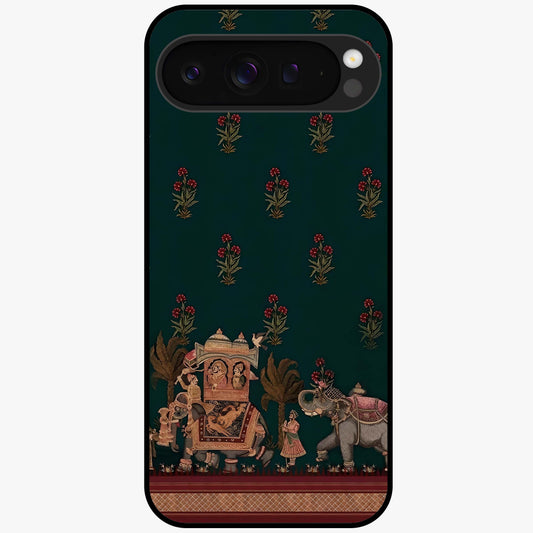 Macmerise Glass Case showing flat back view with stylish modern artwork and glossy glass finish.