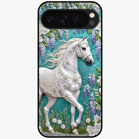 Majestic Floral Stallion Glass Case showing flat back view with powerful horse and floral artwork and glossy glass finish.