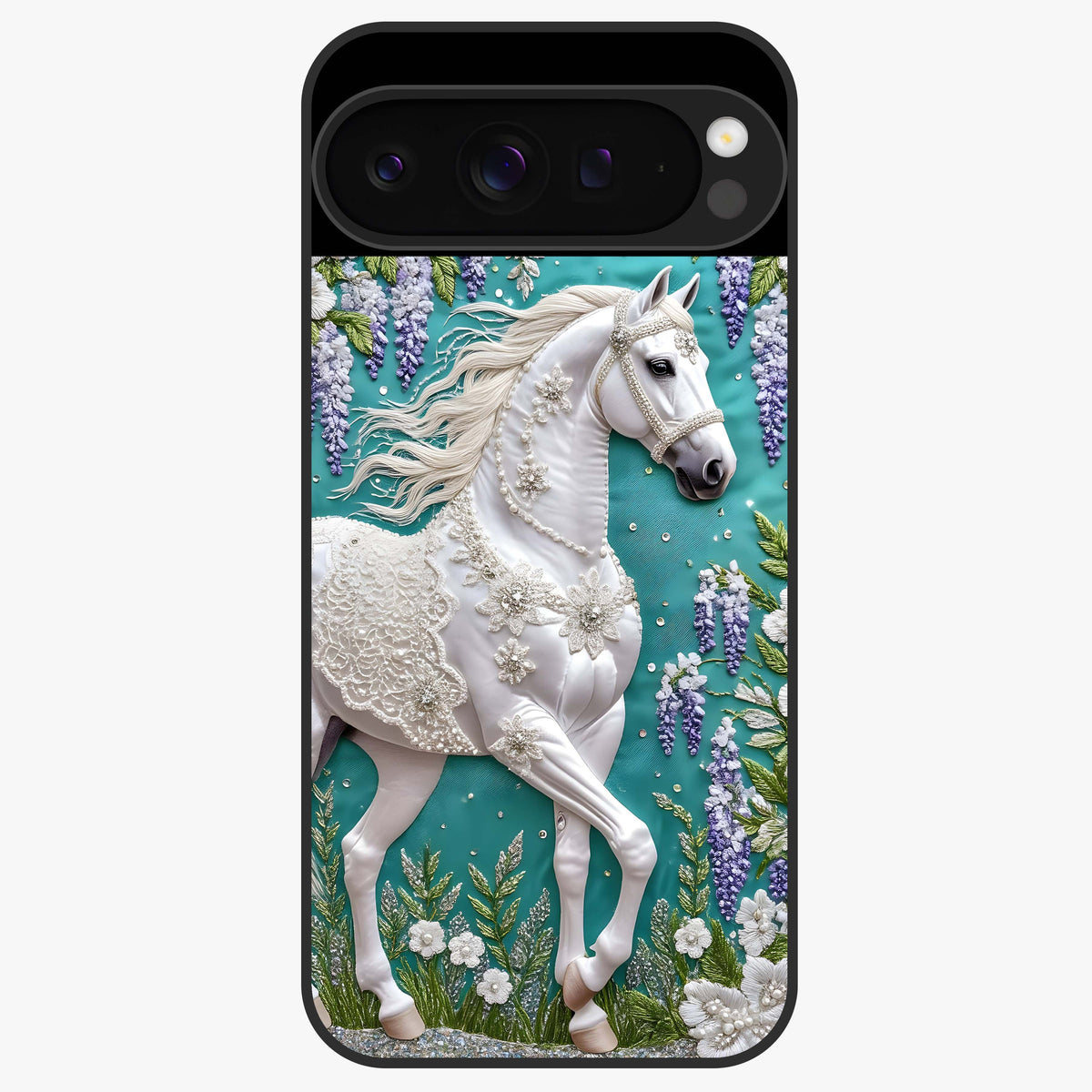 Majestic Floral Stallion Glass Case showing flat back view with powerful horse and floral artwork and glossy glass finish.