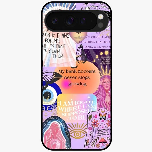 Manifestation Collage Glass Case showing flat back view with motivational collage artwork and glossy glass finish.