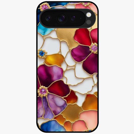 Marble Flower Pattern Glass Case showing flat back view with marble texture floral artwork and glossy glass finish.