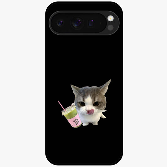 Matcha Cat Style Glass Case showing flat back view with cute matcha themed cat artwork and glossy glass finish.