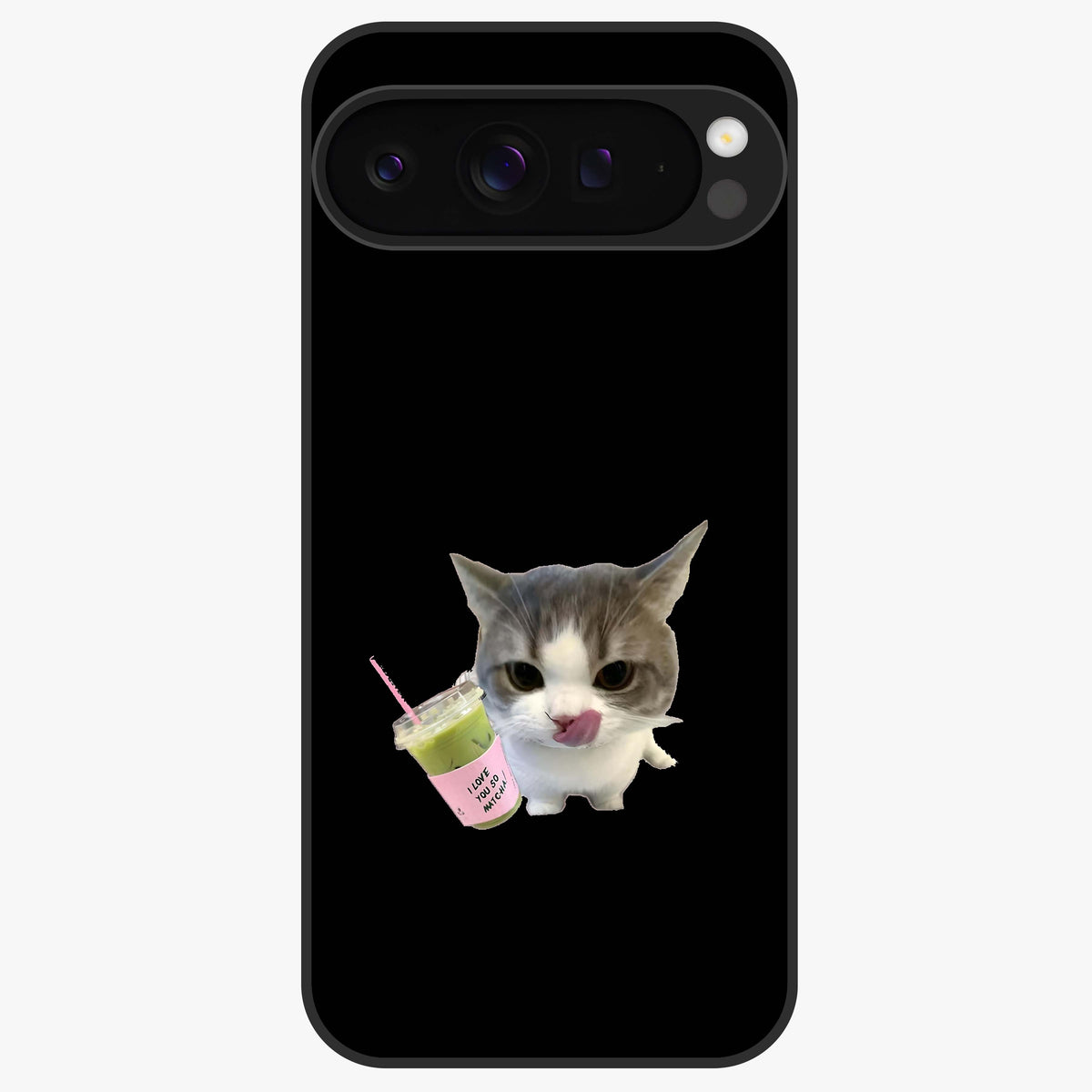 Matcha Cat Style Glass Case showing flat back view with cute matcha themed cat artwork and glossy glass finish.
