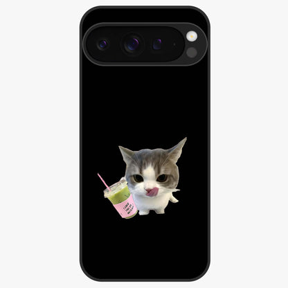 Matcha Cat Style Glass Case showing flat back view with cute matcha themed cat artwork and glossy glass finish.