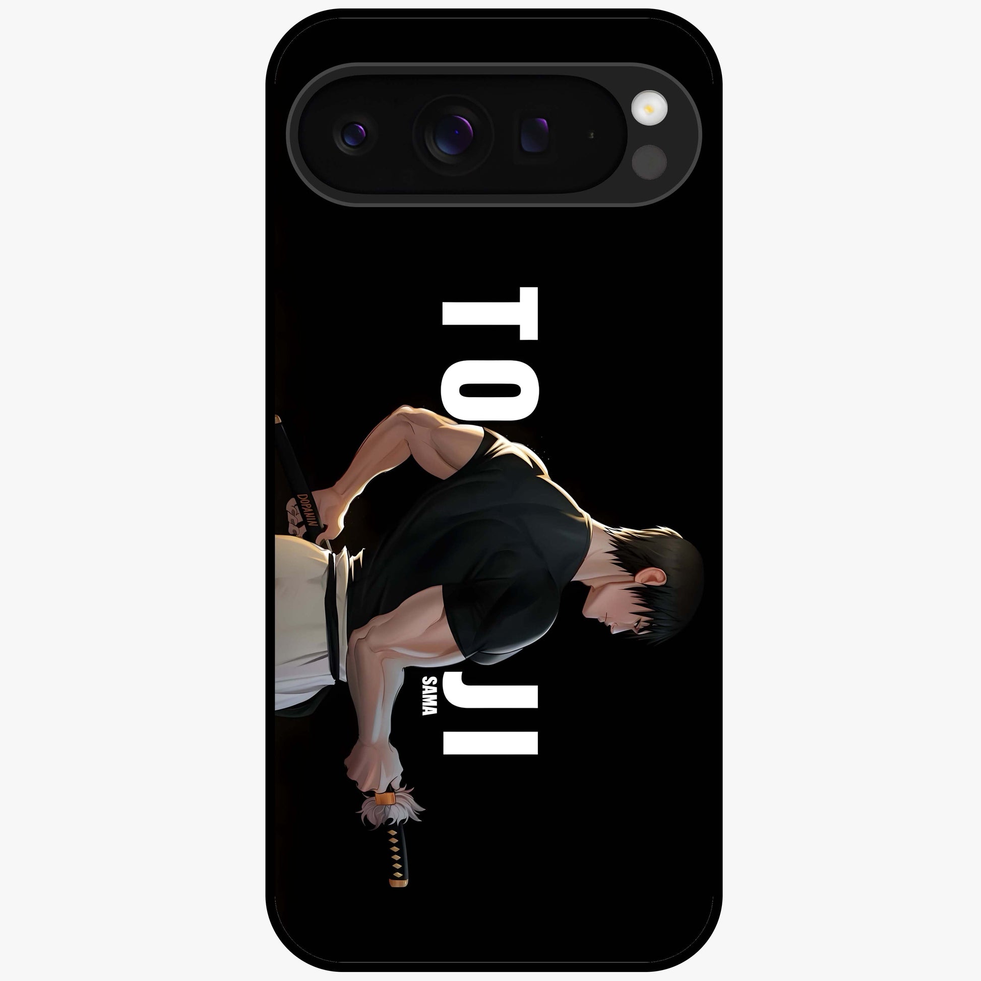 Midnight Blade Resolve Glass Case showing flat back view with dark warrior sword artwork and glossy glass finish.