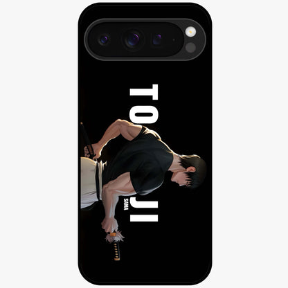 Midnight Blade Resolve Glass Case showing flat back view with dark warrior sword artwork and glossy glass finish.