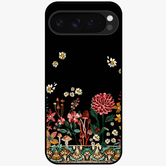 Midnight Bloom Pattern Glass Case showing flat back view with dark floral pattern artwork and glossy glass finish.