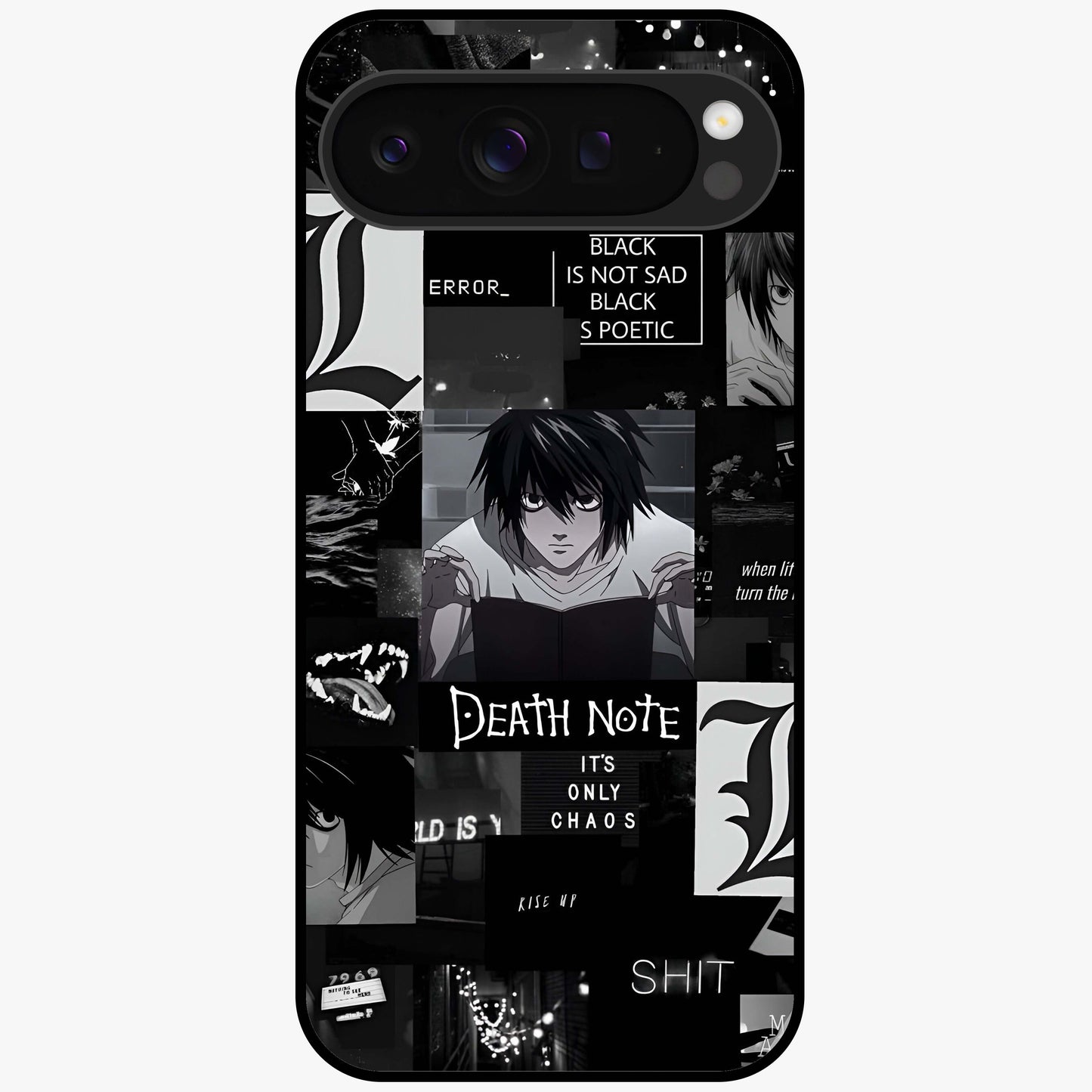 Midnight Chaos Mind Glass Case showing flat back view with abstract dark themed artwork and glossy glass finish.