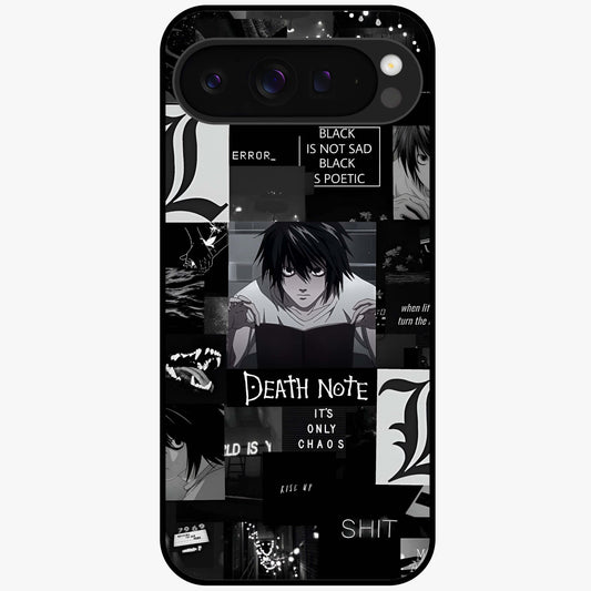 Midnight Chaos Mind Glass Case showing flat back view with abstract dark themed artwork and glossy glass finish.