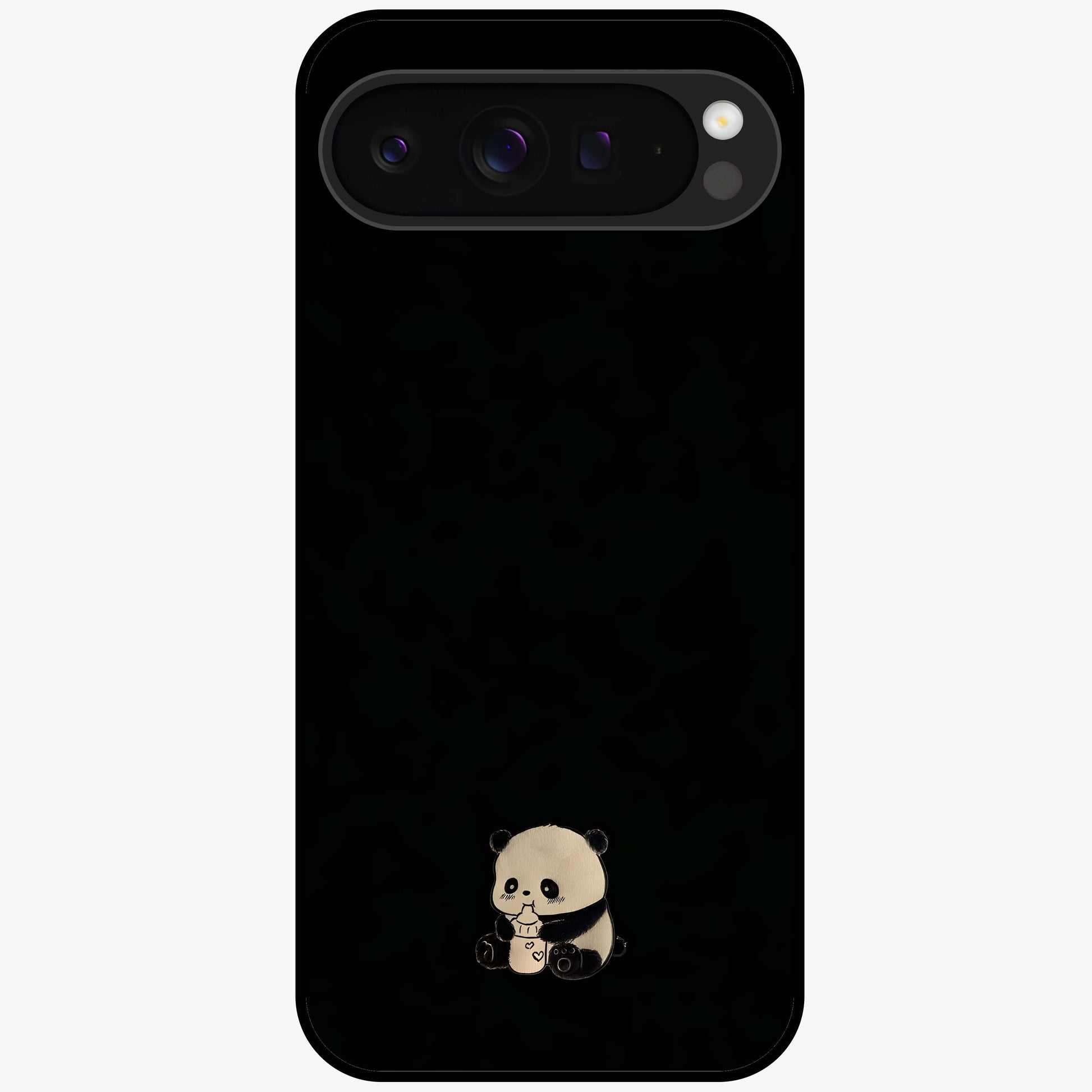 Midnight Panda Love Glass Case showing flat back view with cute panda themed artwork and glossy glass finish.