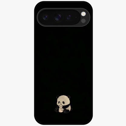 Midnight Panda Love Glass Case showing flat back view with cute panda themed artwork and glossy glass finish.