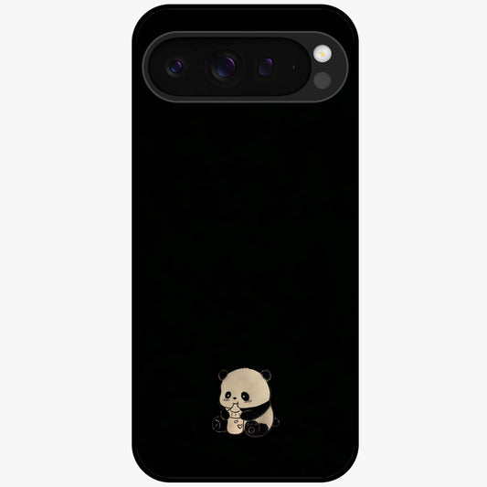 Midnight Panda Love Glass Case showing flat back view with cute panda themed artwork and glossy glass finish.