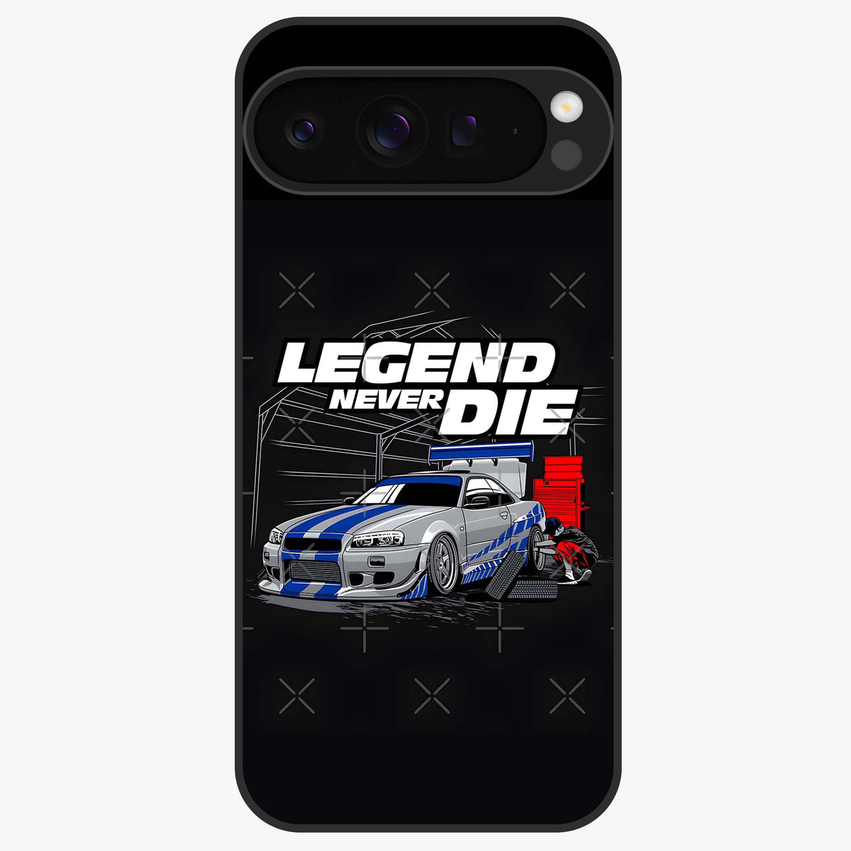 Midnight Racing Legacy Glass Case showing flat back view with sleek racing inspired artwork and glossy glass finish.