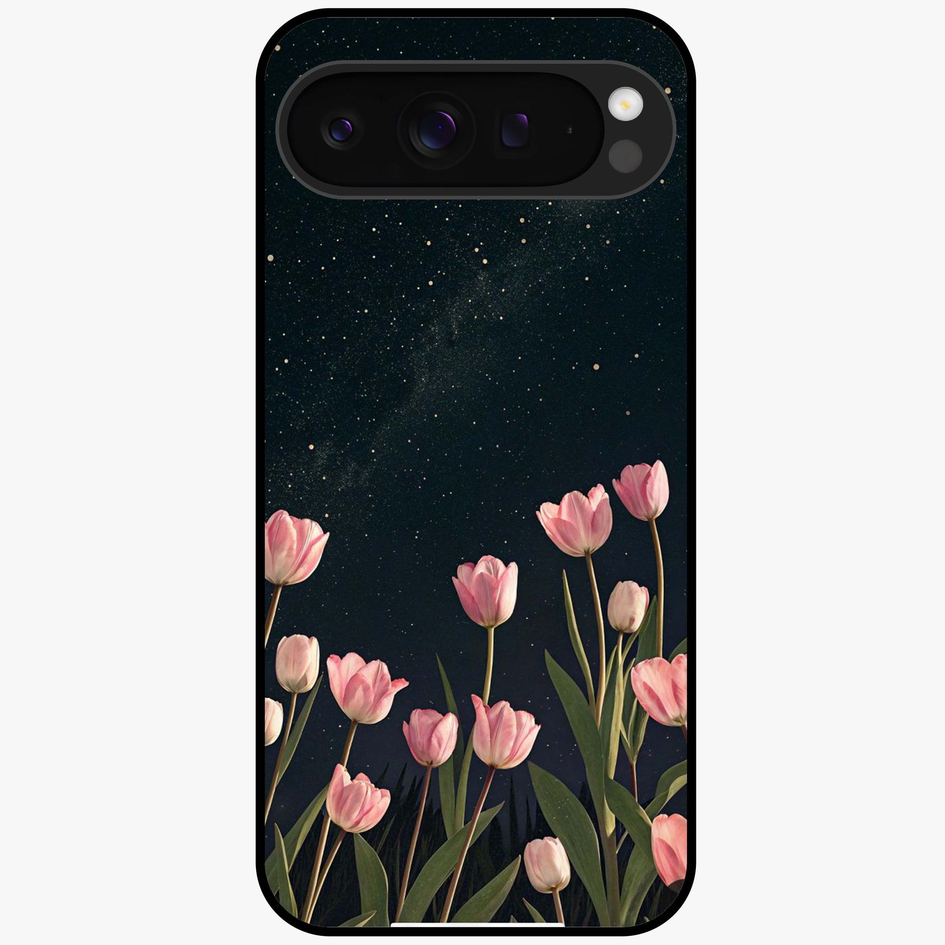 Midnight Tulip Whispers Vibe Glass Case showing flat back view with elegant tulip flower artwork and glossy glass finish.