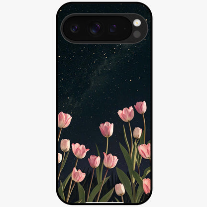 Midnight Tulip Whispers Vibe Glass Case showing flat back view with elegant tulip flower artwork and glossy glass finish.